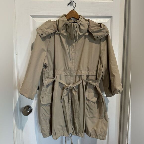 Womens Raincoat Rain Jacket Tan Hood Drawstring Waist Two Way Zipper Size XL - Picture 5 of 16